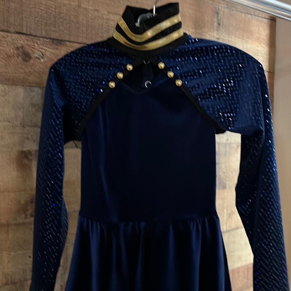 Curtain Call Costumes blue velvet dress with sequined shrug.